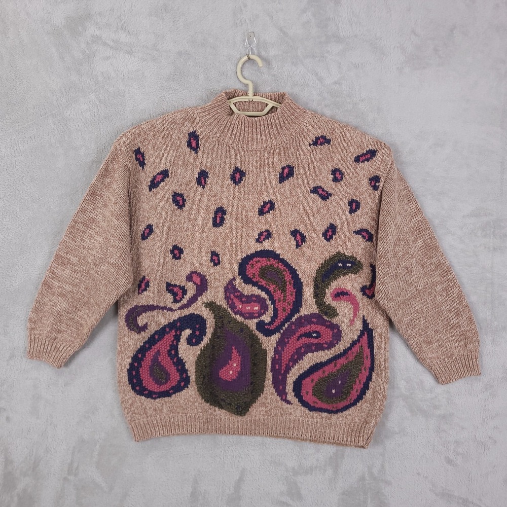Vintage Chrysantheme Sweater Sz 22/24  Hand Knit Paisley Mock Neck  Brown